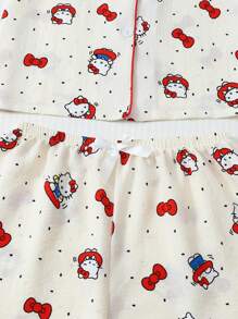 官方授权 2 件套女士迷你圆点 Sanrio Hello Kitty Polo 领短袖纽扣口袋上衣和蝴蝶结裤睡衣、家居服、春夏