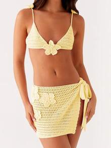 Conjunto de falda y top de mujer de ganchillo y punto, con tirantes finos, top tipo halter y minifalda, estilo Y2K con calado, conjunto de 2 piezas para cubrir, ropa de playa para vacaciones - amarillo claro - Ver 5