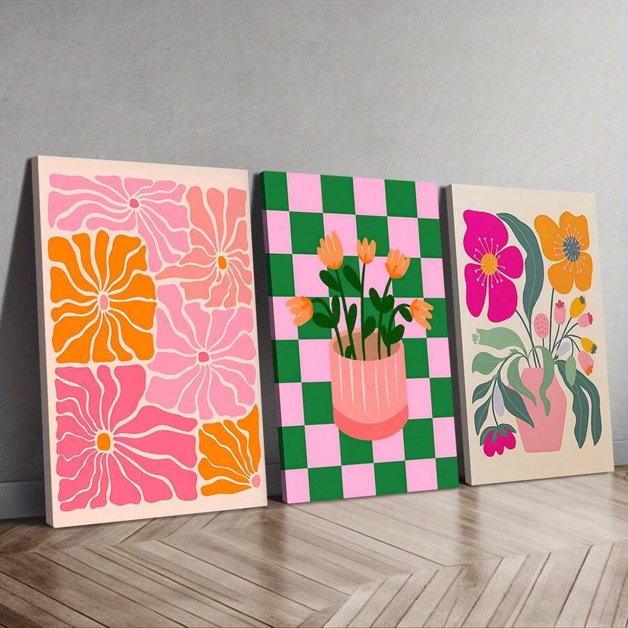 三件套框画，时尚空间美学展示，色彩鲜艳的活力花卉艺术品，抽象风格，彩色复古墙饰，波西米亚风格，充满活力的多巴胺装饰，适用于咖啡馆、客厅、家居、宿舍、酒吧等场所。 - 彩色 - 查看 1