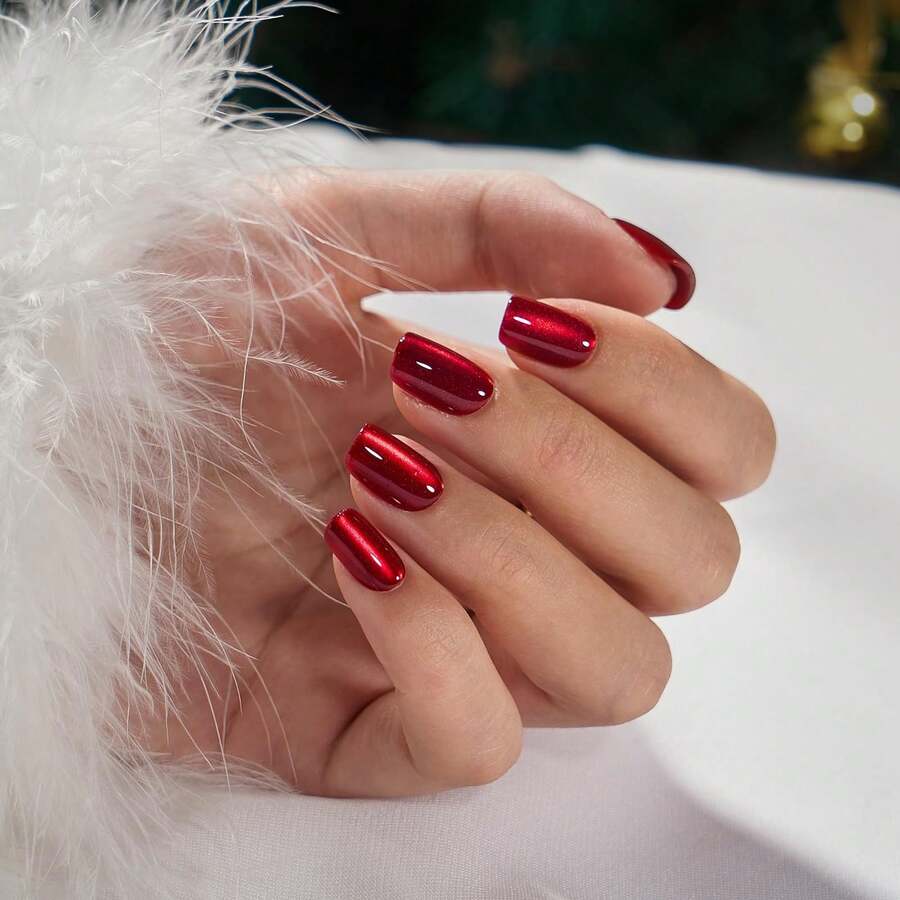 Press On Nails Red - Cat Eye Press On Nails Square For Gifts,Cherry Short Stick On Nails With Glue, Glossy Reusable Nail Tips In 15 Sizes - 30 Soft Gel Fake Nails Kit, Hot Love - 玫瑰紅 - 查看 1