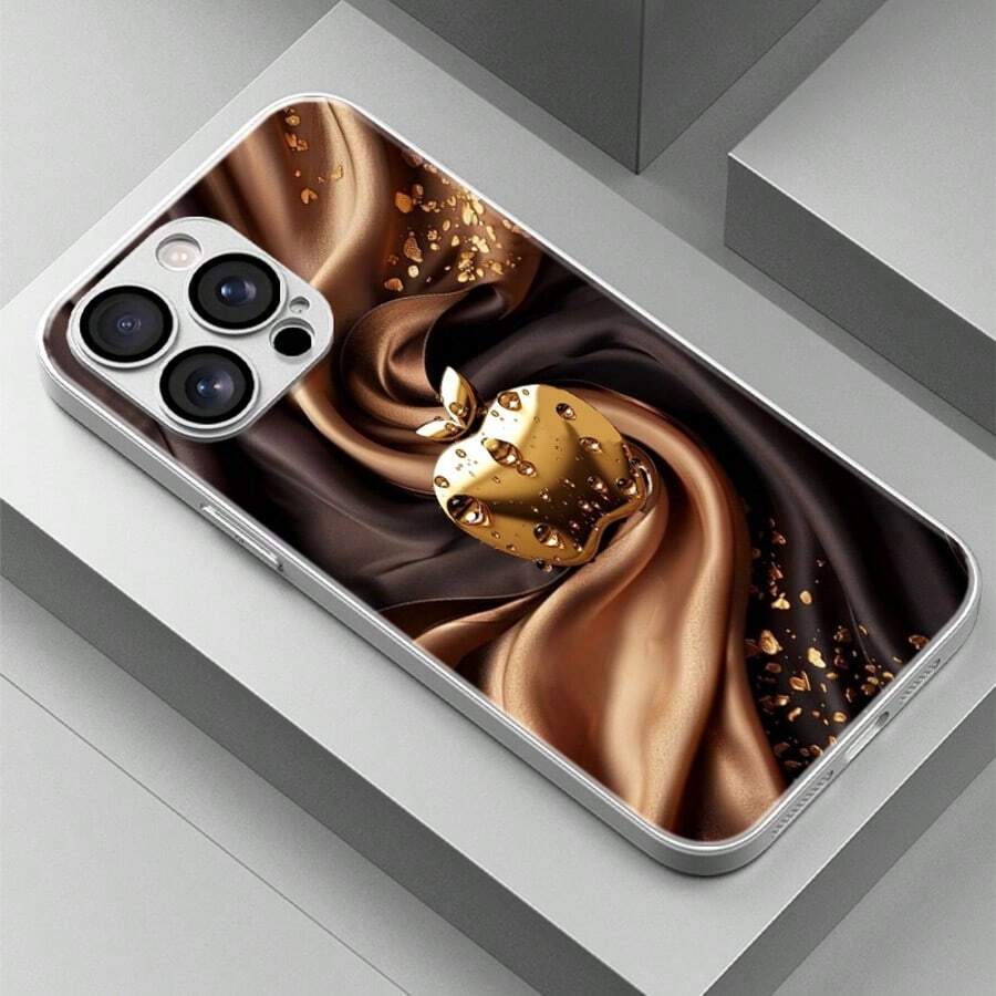 1pc Black & Gold Apple Pattern Glass Material Phone Case, Elegant & High-End, Compatible With IPhone - Silver - View 1