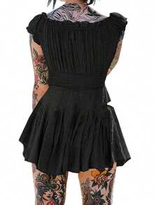 Women Flowy Pirate Dress Fairy Short Sleeve Y2k Off Shoulder Ruffle Corset Mini Dresses - 黑色 - 查看 7