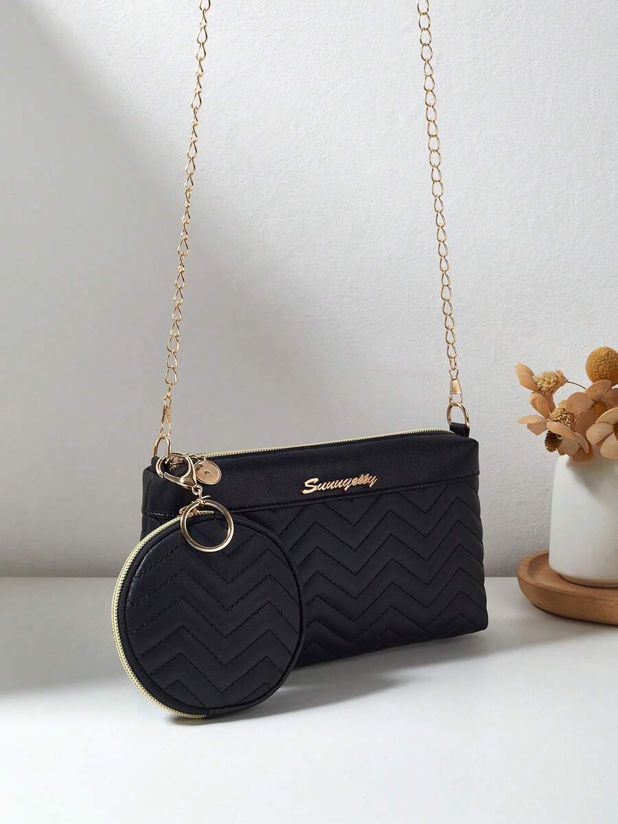 2 Pieces Set Women Quilted Shoulder Bag & Small Square Crossbody Bag - Black - View 1
