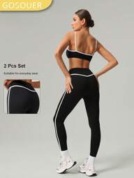GOSOUER 2 PCS CO Ord Set Spring And Summer Women Fashion White Line Yoga Sports Bra And Legging