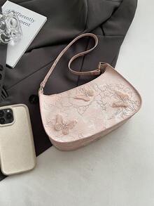 Women's Lace Crescent Moon Shoulder Bag With Butterfly Design, Armpit Bag - Baby Pink - View 12