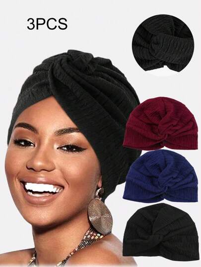 3 قطع من العصابات النسائية ذات العقدة، غطاء الرأس المجعد، قبعة التربان، مناسبة للخريف والشتاء