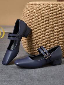 MonaNise Women's 3cm Cloth Heeled Black Fashion Versatile Navy Blue, Coffee, Burgundy Chunky Heel Mary Jane Shoes, All Season - Navy Blue - View 2