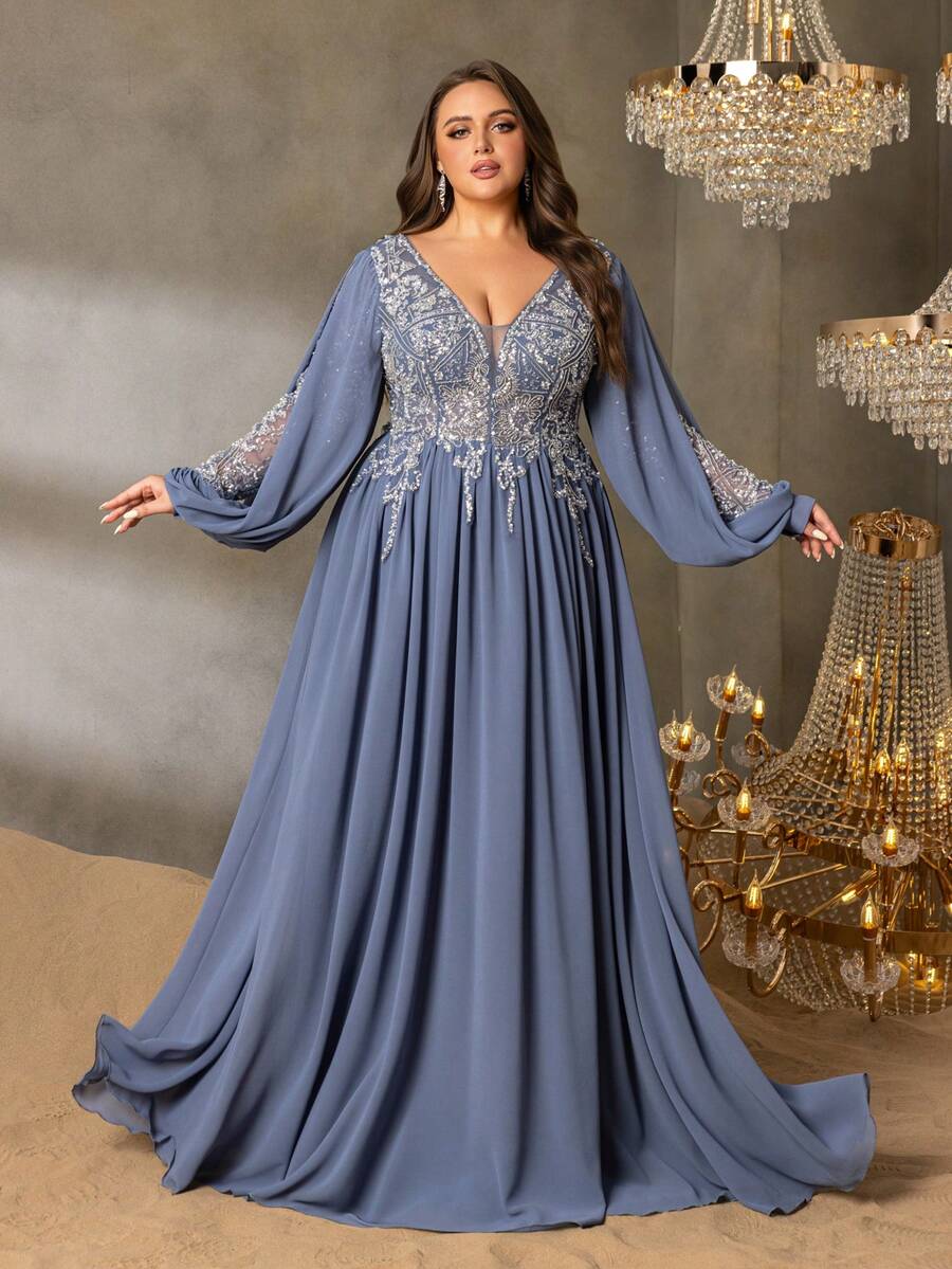 Faeriesty 大码女士优雅刺绣V领长袖A字型正式礼服——及地长款晚礼服，廓形挺括，适合出席黑领结晚宴、歌剧演出、红毯活动、婚礼、慈善舞会、夏季假日装扮、春季派对等场合。 - 霧霾藍 - 查看 1