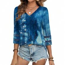 XIEERDUO 3/4 Length Sleeve Womens Tops Dressy Casual Blouses For Women 2025  V Neck T Shirts Summer Clothes - Z 海軍藍印花 - 查看 3