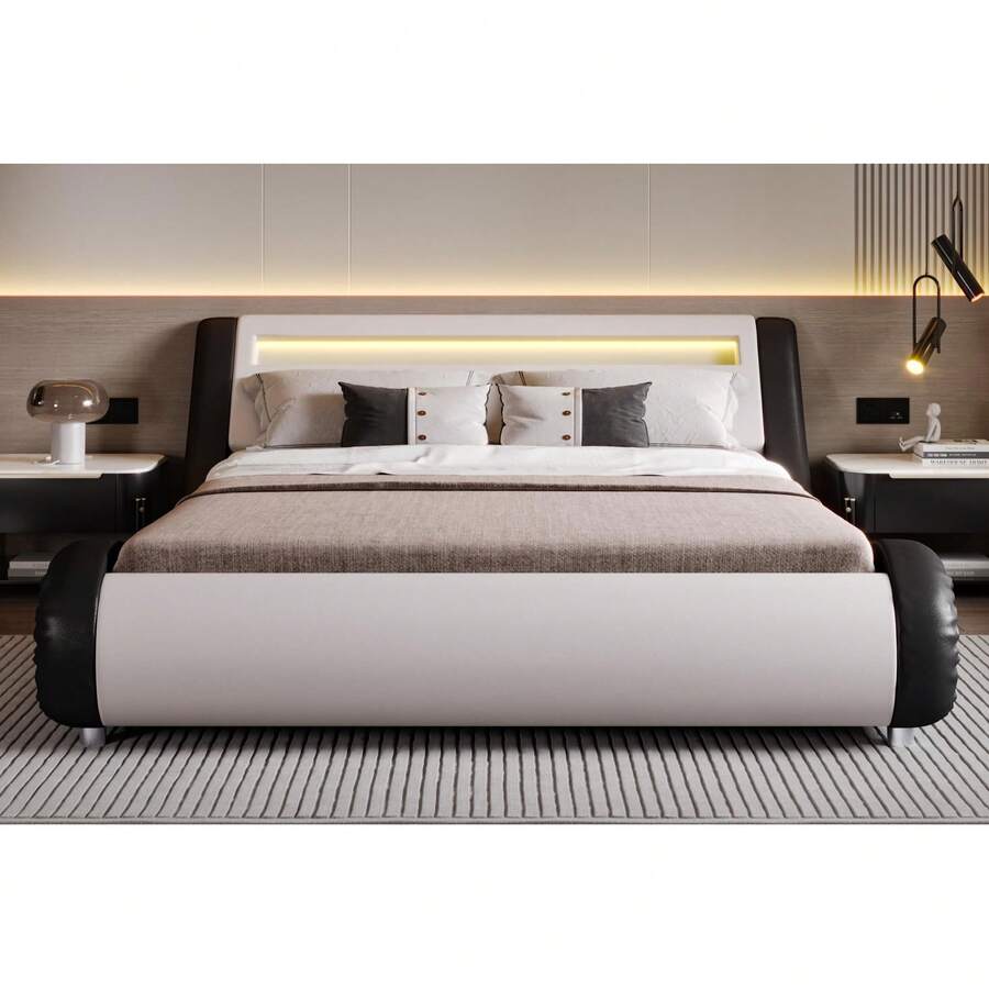 SHA CERLIN Full/Queen/King Size Upholstered Modern Bed Frame With LED Headboard, No Box Spring Needed, Strong Wood Slats Support, Easy Assembly, Black+White - Black and White - View 1