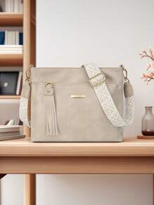 复古休闲斜挎包，大容量，女士休闲斜挎包，可拆卸可调节肩带，拉链封口，适合日常通勤、购物和旅行 - 咖啡棕色、黑色、深棕色，几何图案点缀，纹理表面 - 彩色 - 查看 9