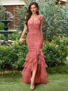 MIUSOL Đầm xẻ cao xếp lớp, đính sequin, ren hoa, lưới, kiểu dáng thanh lịch dành cho nữ, thích hợp dự tiệc cưới, lễ tốt nghiệp, tiệc tối trang trọng và các dịp khác, ngày lễ tình nhân mùa xuân. - Bụi hồng - Xem 4