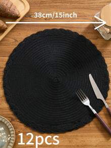 1/4/6/12pcs Bohemian Woven Round Placemats, Solid Color With Braided Edge, Non-Slip Tabletop Mats For Home Kitchen, Suitable For Holiday Party, Birthday, Wedding, Dinner (Multiple Color Options) - Black - View 10