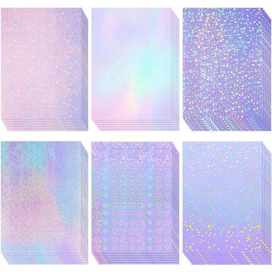 36 Sheets A4 Holographic Paper Sticker Transparent Waterproof Self Adhesive Film 11.X 8.3 Inches (Gem,, Colorful,) - Gem, Dot, Colorful, Star, Heart, Sand Star - 查看 1