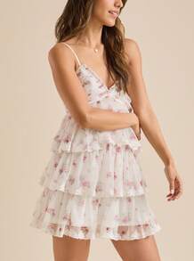 Women Y2K Floral Layered Mini Dress Spaghetti Strap V Neck Ruffle Hem Tiered Mesh Flowy Short Dress Summer Backless Sleeveless Ruched Going Out Cami Dress Party Beach Vacation Sundress - 白色 - 查看 4