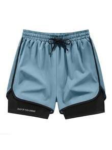 春夏连体纯色运动短裤，防擦伤，双层男女情侣运动短裤，跑步，户外健身裤 - 霧霾藍 - 查看 2