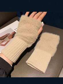 2 Pairs Unisex Solid Color Cute Fuzzy Half-Finger Gloves, Warm Outdoor Cycling Mittens With Wrist Protection For Autumn/Winter, Suitable For Daily Use