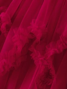 Women Layered Tulle Long Skirt Fashion High Waist Solid Color Frill Trim Ruffle Midi Skirt - Burgundy - View 5