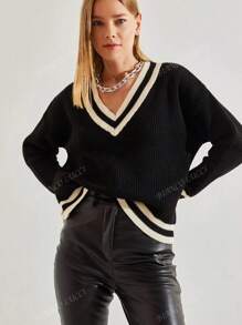 Women's V-Neck Knit Long Sleeve, Loose Fitting Sweater