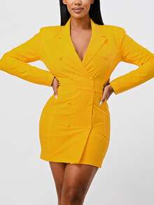 ICONIC BLAZER DRESS  Plain    Elegant    Double Button  Pocket  Button Front    Vacation - Yellow - View 3