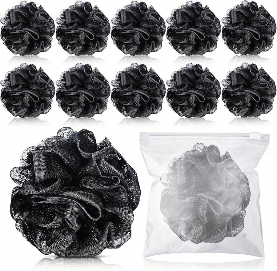 12 Pcs Travel Size Loofah Individually Wrapped, Small Shower Puff Bath Sponge Pouf Ball Bulk Mesh Bath Puff Mini Loofah Sponge With Case Bulk For Shower Care(Black) - Black and White - View 1