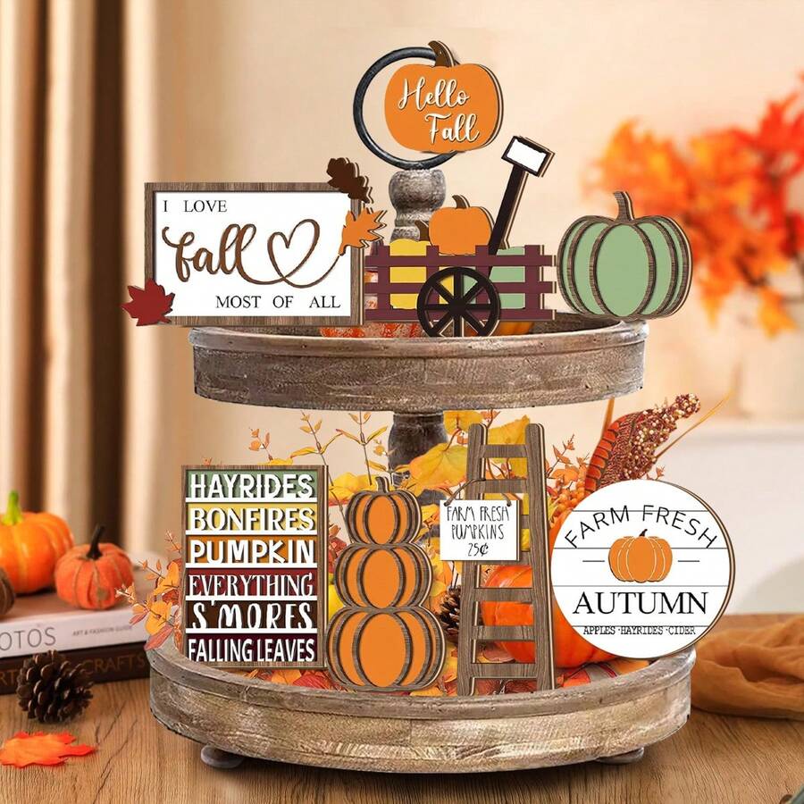 1/30 Juegos disponibles, 9 piezas/juego Decoraciones de sobremesa Decoraciones de otoño con tema de granja de la cosecha de calabazas rústicas de madera 2D para el Día de Acción de Gracias, decoración del hogar (sin bandeja) - Multicolor - Ver 1