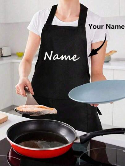 1pc Personalized Custom Black Kitchen Cooking Apron, Modern Polyester Oil-Resistant Apron, Black Kitchen Apron, Polyester Apron For Gardens, Kitchens And Housework, Perfect, Versatile, Decorative, Reusable, Breathable, Refined, Stylish, High Quality, Bright Colors, Modern, Comfortable, Soft, Custom, Personalized, Unique, Home Fresh