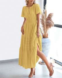 Women's V-Neck Cotton Midi Dress With Pocket - Màu vàng - Xem 5