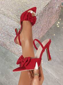 Giày cao gót mũi nhọn thắt nơ cho nữ, giày dự tiệc thanh lịch quai mắt cá chân màu đỏ tía, thoải mái và đa năng với kiểu dáng ôm vừa vặn - Đỏ - Xem 1