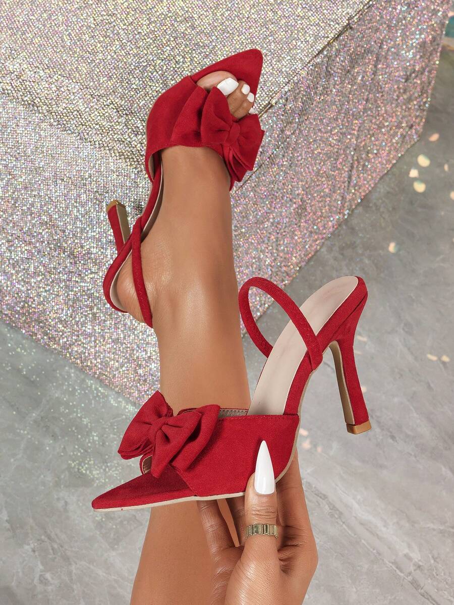 Giày cao gót mũi nhọn thắt nơ cho nữ, giày dự tiệc thanh lịch quai mắt cá chân màu đỏ tía, thoải mái và đa năng với kiểu dáng ôm vừa vặn - Đỏ - Xem 1
