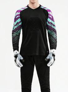 Men's Soccer Goalkeeper Jersey With Foam Chest Protector, Foam Elbow Pads, Anti-Slip Plastic Strips, Running & Sports Training Top, Colorblock Geometric Striped Long Sleeve Breathable Quick-Dry T-Shirt