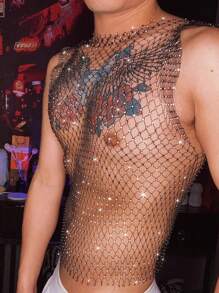 1 件闪亮水钻性感渔网短款上衣 - 网眼镂空背心，适合派对、舞会、海滩遮盖、俱乐部和休闲装、透明胸衣衬衫、双面、耐用、夜总会装