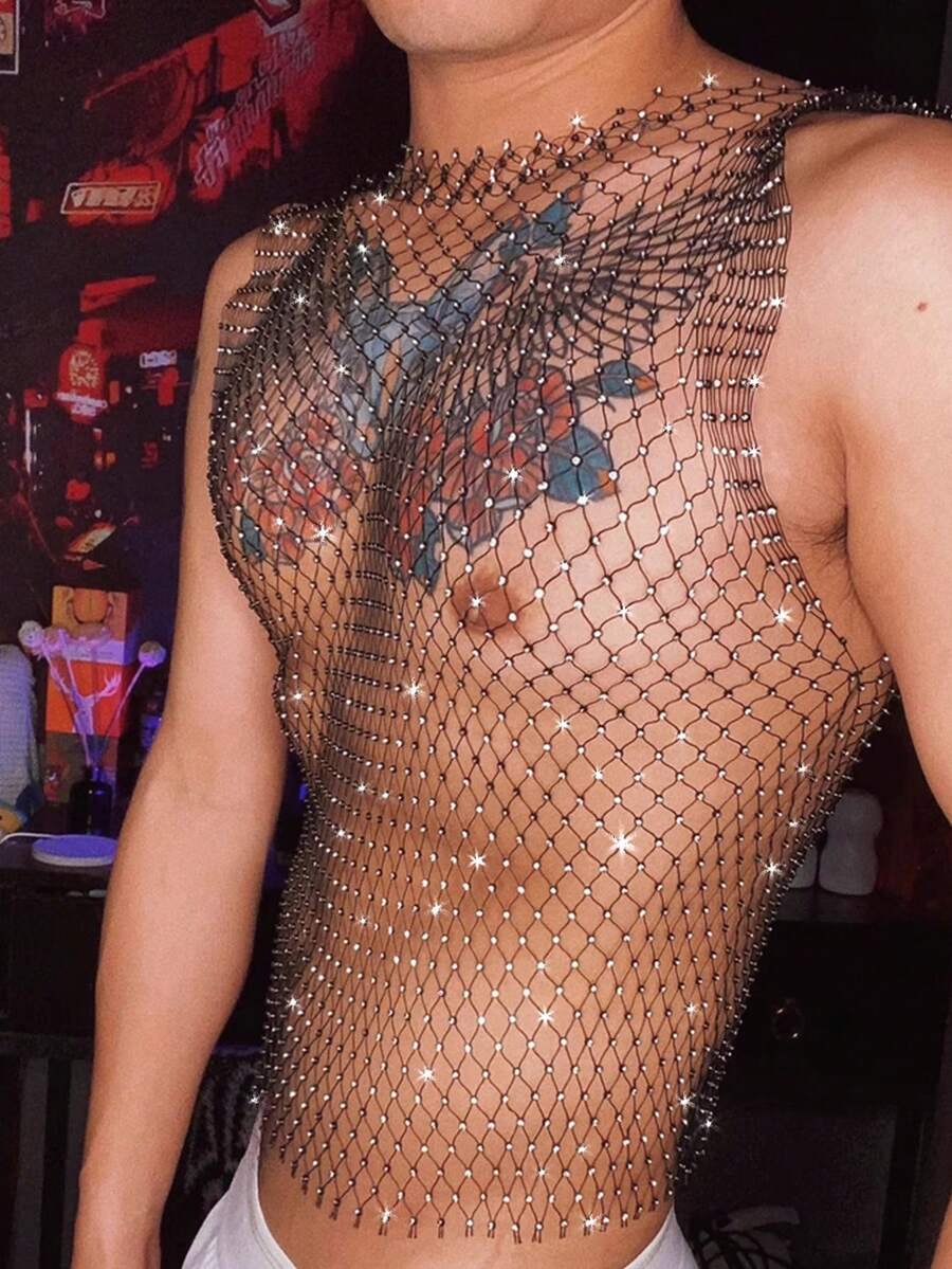 1 件闪亮水钻性感渔网短款上衣 - 网眼镂空背心，适合派对、舞会、海滩遮盖、俱乐部和休闲装、透明胸衣衬衫、双面、耐用、夜总会装