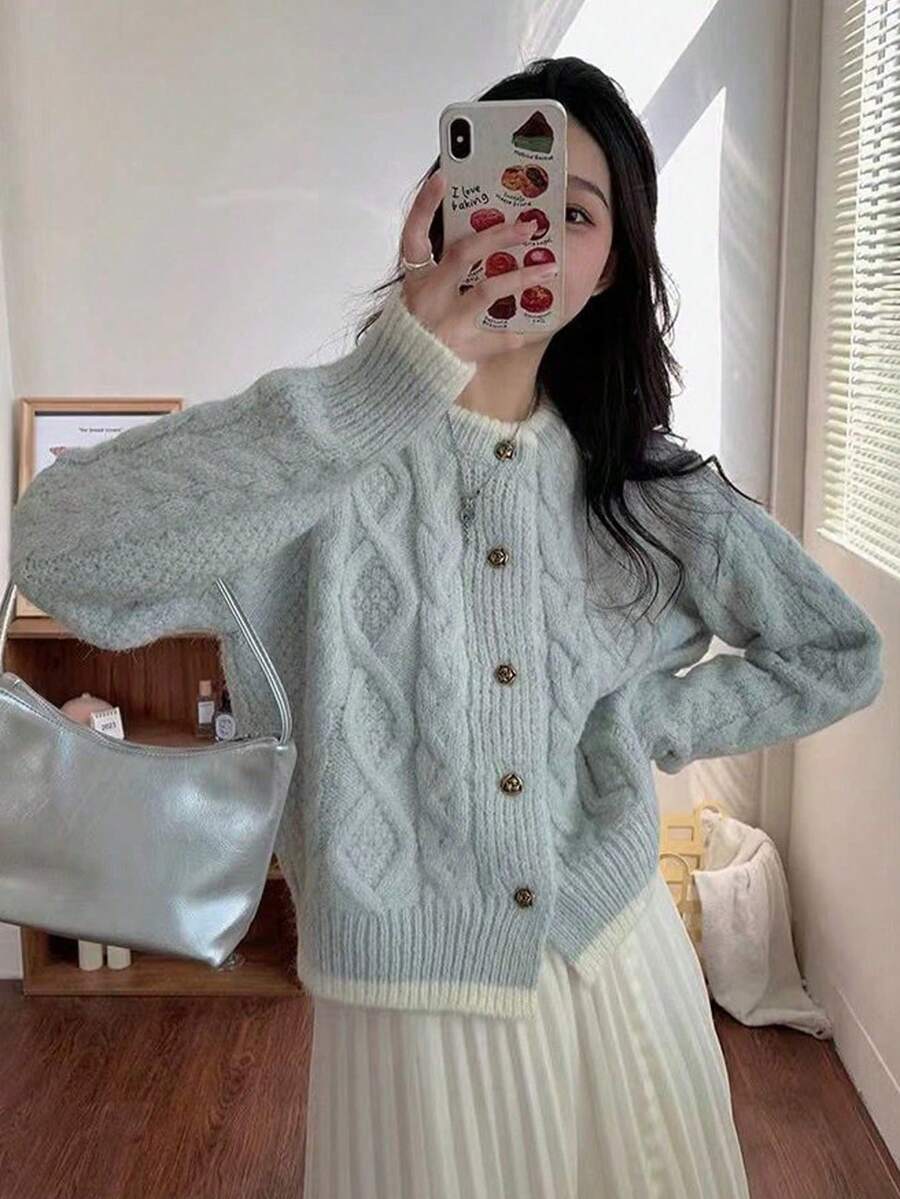 柔和粉蓝色复古扭结针织开衫,女士款,复古马海毛宽松毛衣外套,秋季款 - 藍色 - 查看 1