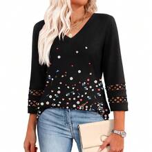 XIEERDUO 3/4 Length Sleeve Womens Tops Dressy Casual Blouses For Women 2025  V Neck T Shirts Summer Clothes - Z 黑色印花 - 查看 1
