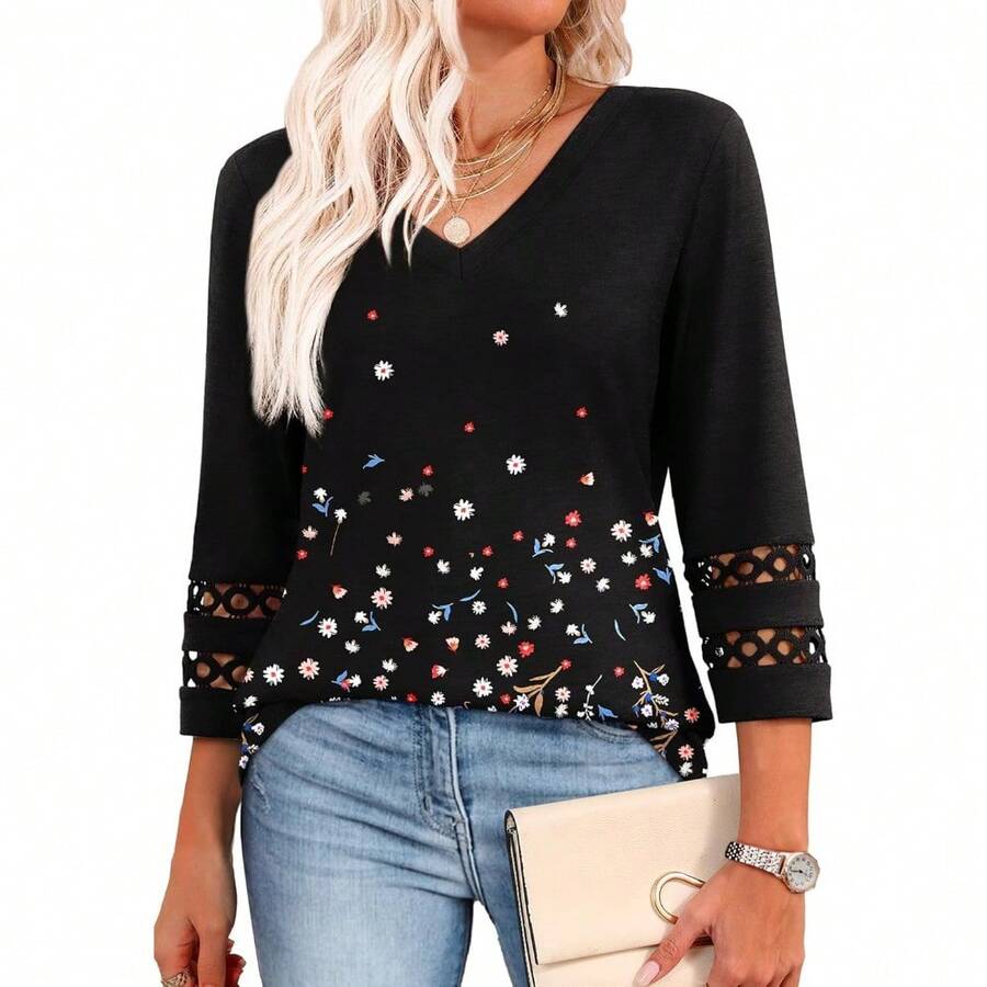 XIEERDUO 3/4 Length Sleeve Womens Tops Dressy Casual Blouses For Women 2025 V Neck T Shirts Summer Clothes - Z 黑色印花 - 查看 1