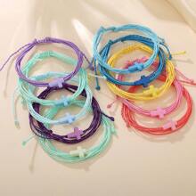 10pcs/Set Adjustable Braided Wax Cord Bracelet Anklet With Cross Charm, Colorful Set For Beach/Surfing