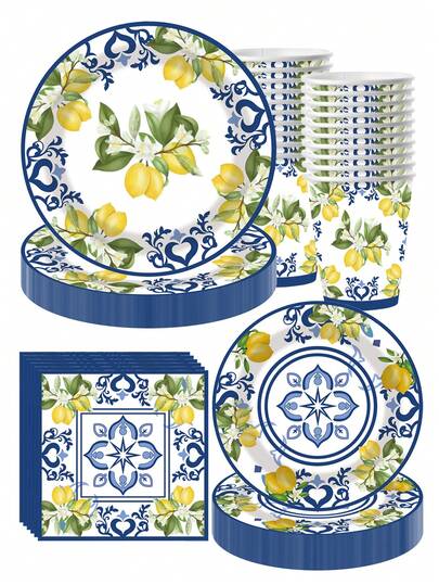 10pcs Capri Lemon Party Tableware, Disposable Blue Paper Plate Cup Napkin, Blue Tile And Mediterranean Lemon Tableware Set, Suitable For Anniversaries, Birthday Decorations, Family Parties, Friends Gatherings, Summer Beach Outdoor Parties