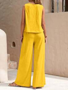 2 Pieces Solid Stylish Two Piece Set, Sleeveless Tank Top And Loose Wide Leg Pants, Casual And Daily Wear For Women - 黃色 - 查看 4