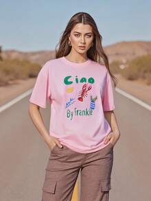 Women Summer Basic T-Shirt Casual Letter Fruit Lobster Print Short Sleeve Tops For Streetwear Aesthetic Grunge Clothes - 粉色 - 查看 3
