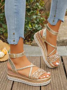 Giày sandal đế xuồng quai chéo đính đinh tán đính đá Rhinestone dành cho nữ, đế xuồng cao bóng hở mũi, trang phục hàng ngày mùa hè, màu vàng - Vàng - Xem 6