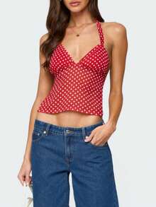 Women Y2k Polka Dot Halter Tank Top Sleeveless Deep V Neck Low Cut Back Tie Up Camisole Crop Tops Summer Backless Slim Fit Vests Shirts Cute Going Out Tops Club Party Streetwear  - 紅色 - 查看 2