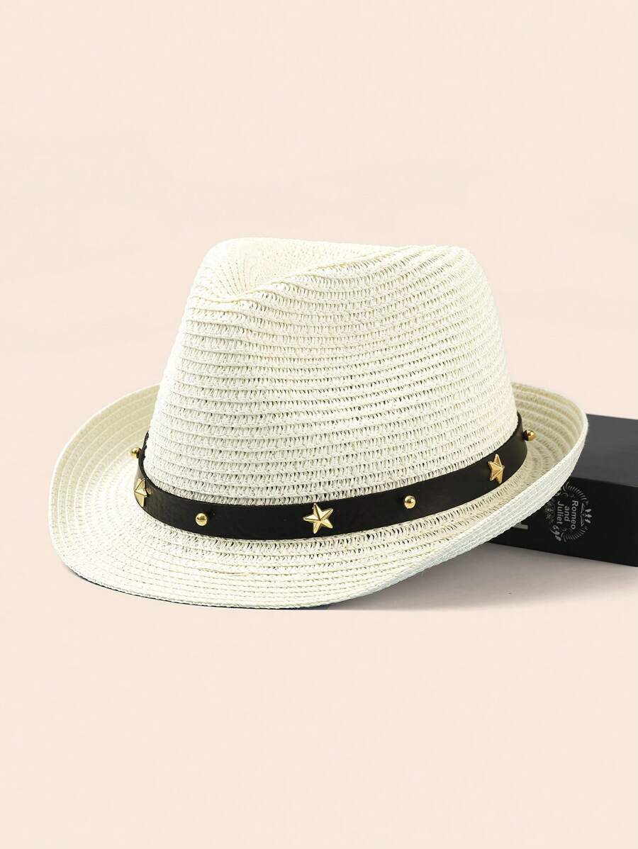 1pc Star Patchwork Bohemian Leather Strap Decorative UV Protection Woven Straw Panama Hat, Western Cowboy Sun Hat, Fashionable All-Match For Men And Women, All Seasons