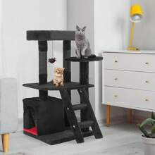 Gothic Cat Tree With Scratching Post, 32.6" Goth Cat Tower With Coffin Bed, Soft Cushion Platform, Spider Hanging Ball, Cozy Condo, Pet Furniture Climbing Tower For Indoor Cats, Black