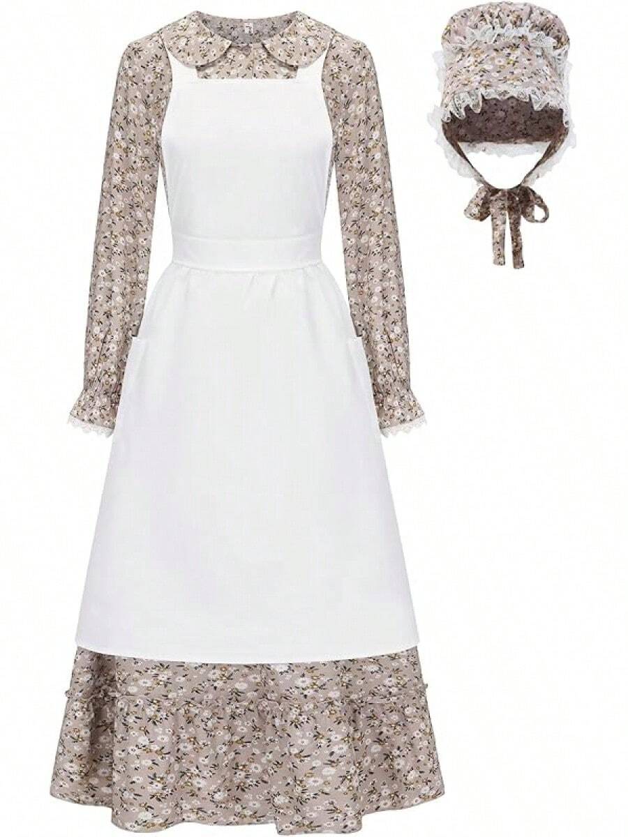 Prairie Dress Women Pioneer Colonial Costume Amish Dresses With Bonnet Apron - 杏色 - 查看 1