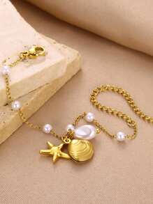 Tornozeleira de aço inoxidável com pingente de estrela do mar e pérola falsa Boho, tornozeleiras e pulseiras banhadas a ouro 18K com estampa de vida marinha antidesbotamento, joias para férias na praia, acessórios para festa, presentes para melhor amiga/mãe