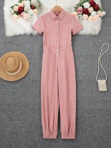 欧美风女式翻领纽扣口袋弹力连体裤