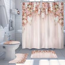 1/4pcs - Bridal Floral Elegant Bathroom Set, Wedding Flower Pink Rose Ladies Natural Floral Art Printed 12 Hooks Waterproof Shower Curtain, Non-Slip Bath Mat, Toilet U-Shape Cover, Cover, Home Decor Gift Back To School