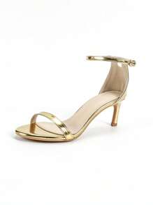 Women's Sexy Round Toe Ankle Strap Stiletto Sandals, Gold Color Round Toe Formal High Heel Sandals, Fashionable & Versatile