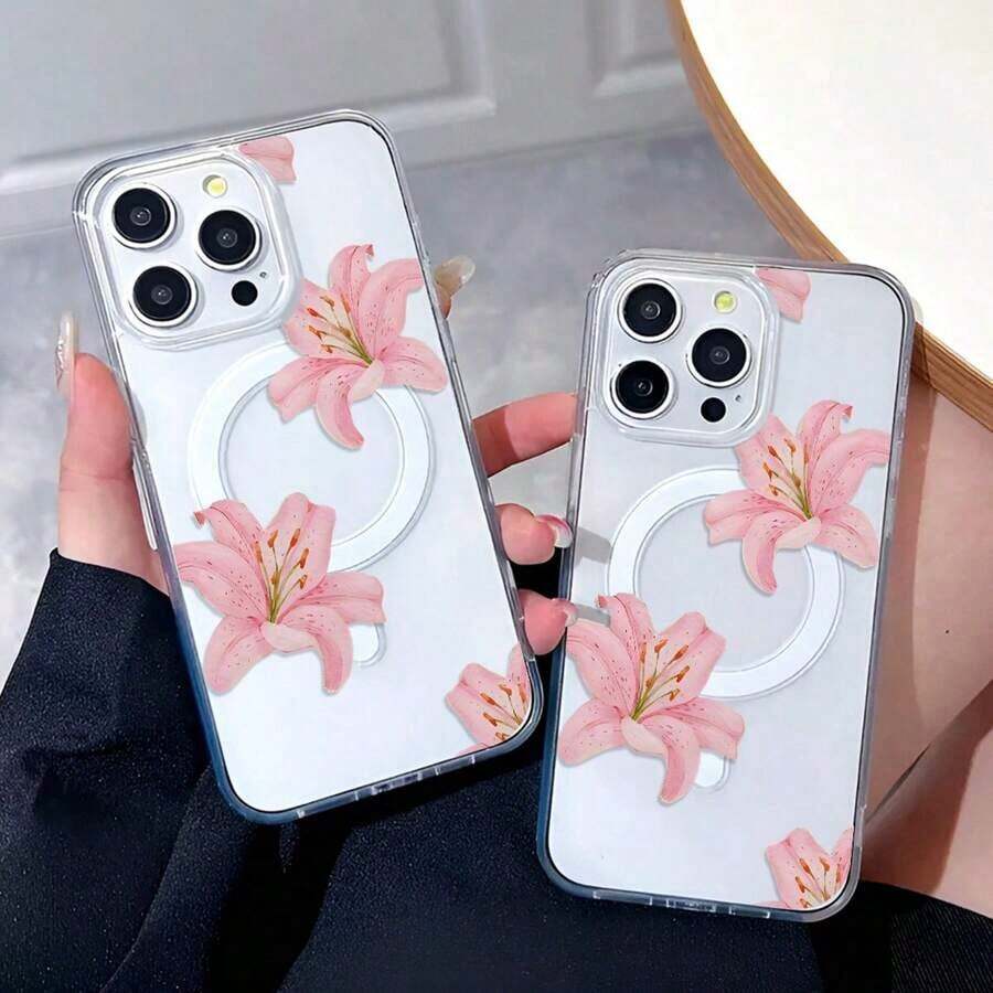 Funda para teléfono con estampado de lirios rosas (1 unidad). Funda magnética premium compatible con phone 6e/16/15/14/13/12/11/Promax/Pro/Plus/Xsmax/Xs/X y Galaxy S22/S23/S24/Plus/FE/Ultra. Diseño moderno y veraniego para mujer. - transparente - Ver 1
